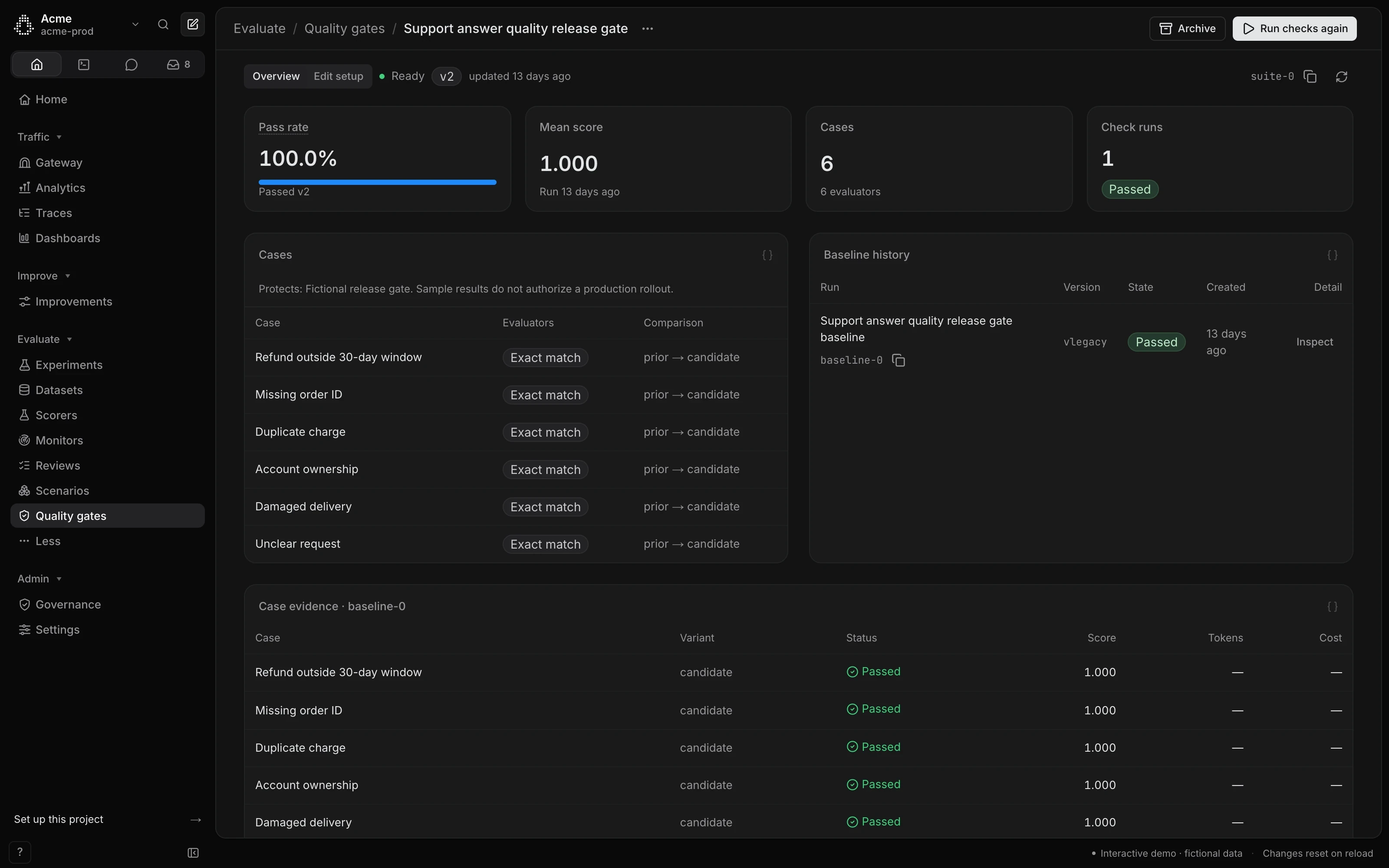 Caveman Cloud quality gate: saved cases every change must pass, with a passed check.