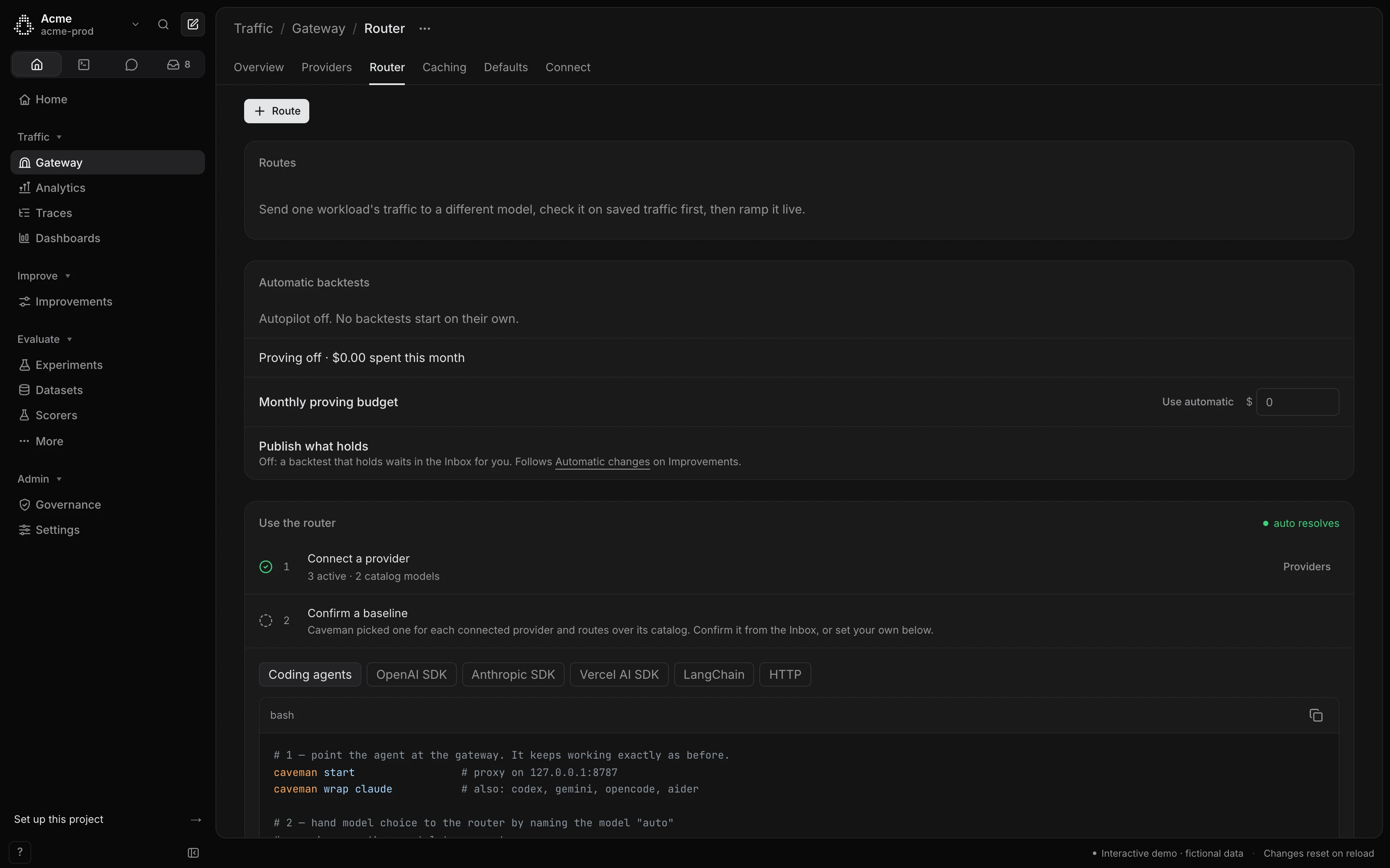 Routing setup: routes, automatic backtests, and the command that wraps a coding agent